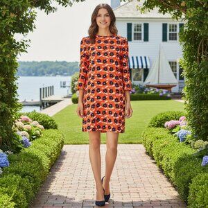 Ann Taylor Petite Floral Shift Dress 10P Orange Punch Puff Sleeve Lined Preppy